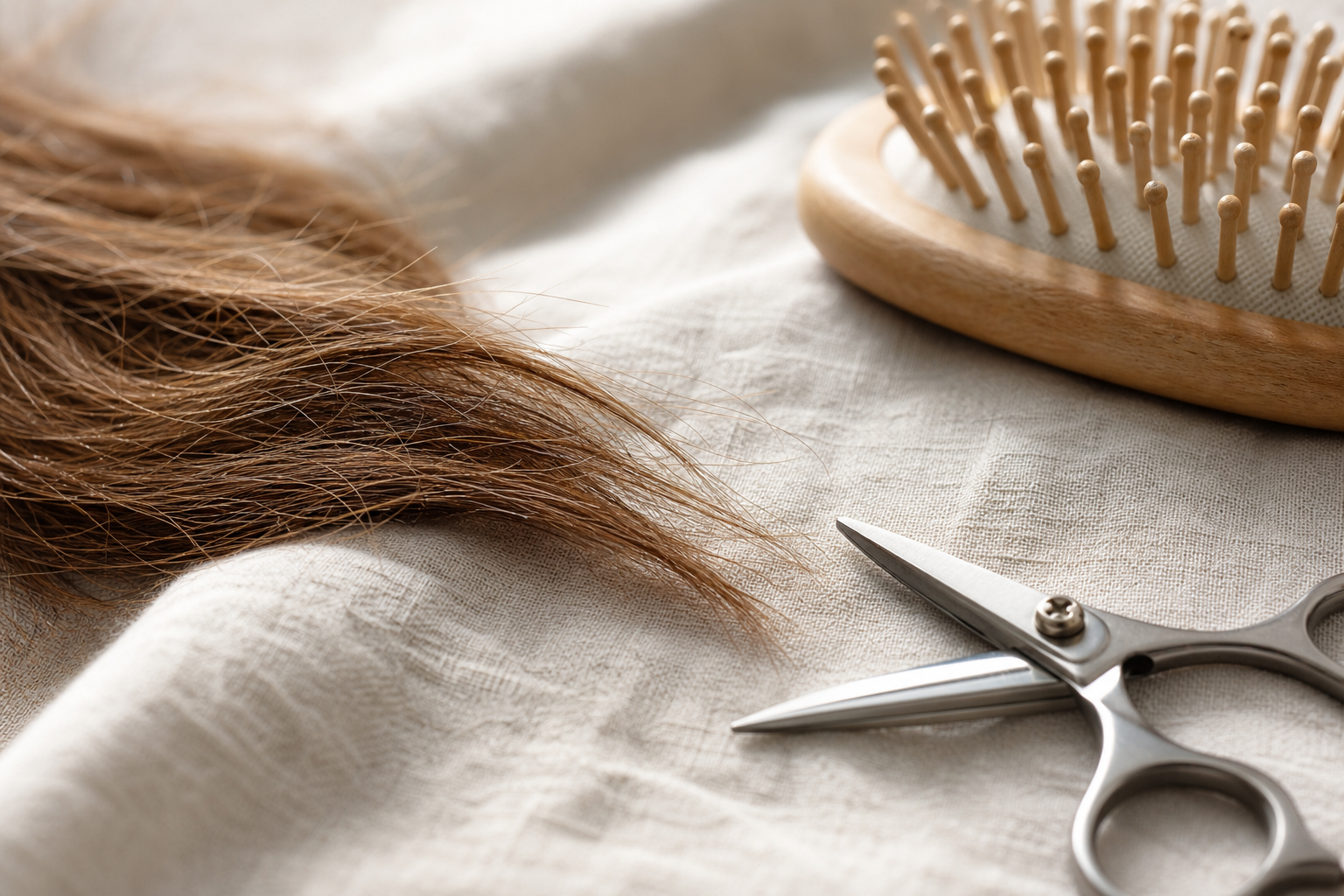 cheveux cassants avec brosse et ciseaux pour observer les pointes