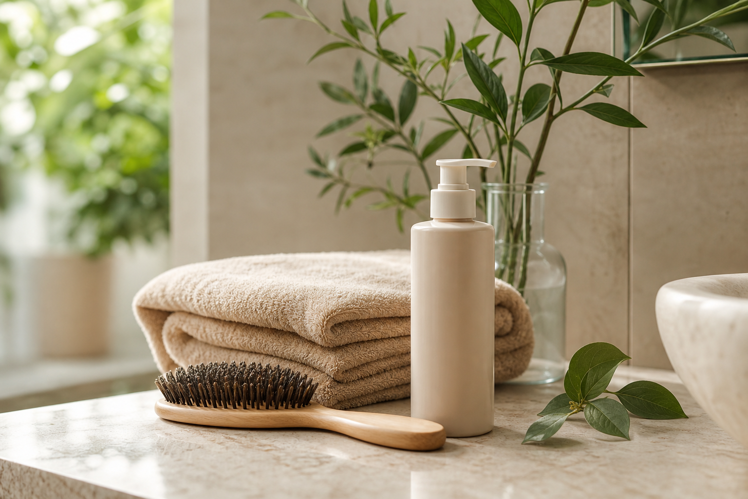 Routine douce pour cheveux secs avec brosse et soin neutre