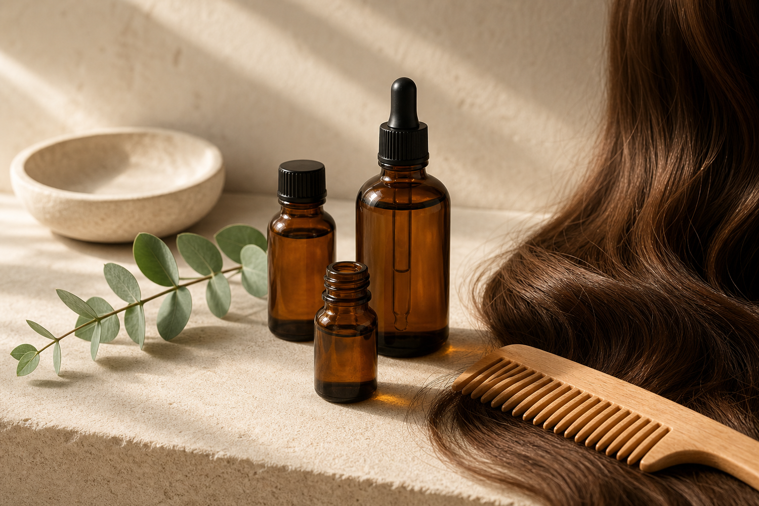 Huiles végétales et peigne pour choisir un soin cheveux avec mesure