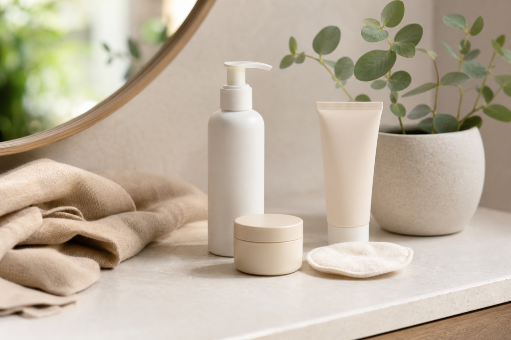 Routine minimaliste pour peau sensible avec soins neutres et gestes doux