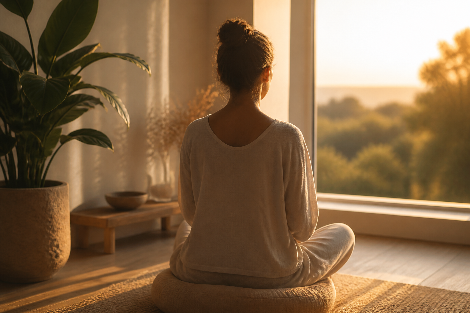 respiration anti stress en posture calme près d’une fenêtre