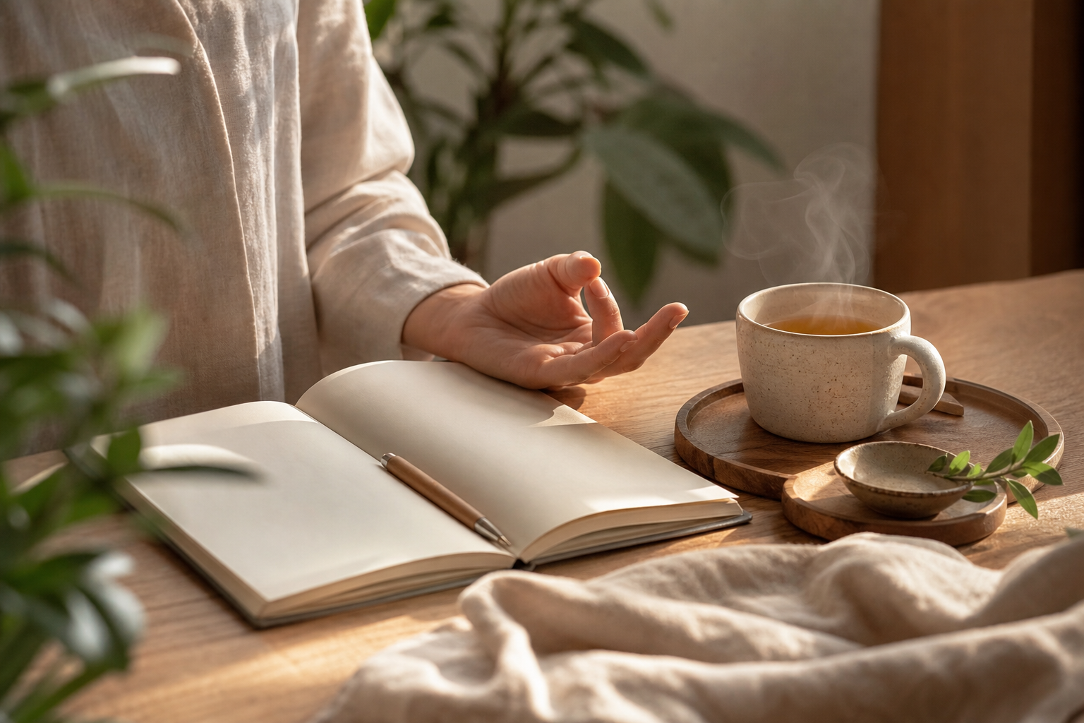 Moment calme avec carnet et boisson chaude pour une routine anti-stress