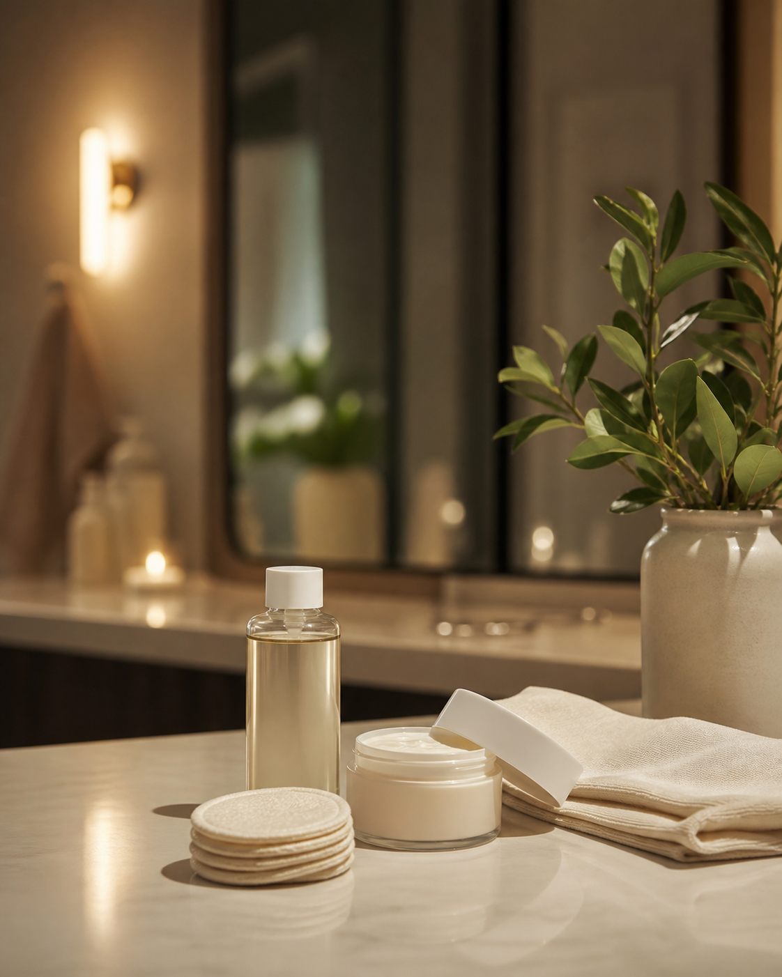 Routine visage du soir simple avec quelques soins neutres et bien espacés