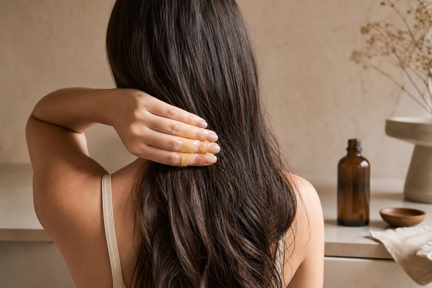 Application d’huile de ricin sur les longueurs de cheveux