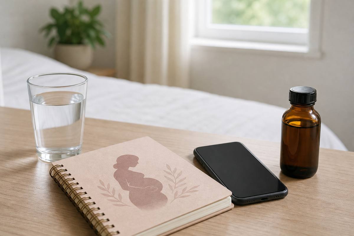 Carnet de grossesse avec flacon neutre d’huile de ricin mis de côté