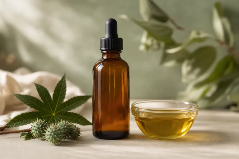 Flacon d'huile de ricin et routine beauté naturelle