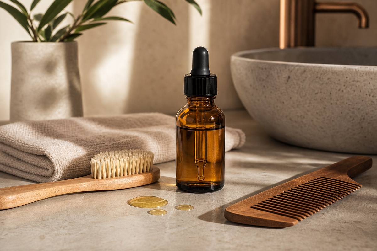 Flacon neutre d’huile de ricin avec peigne et brosse pour usages cosmétiques