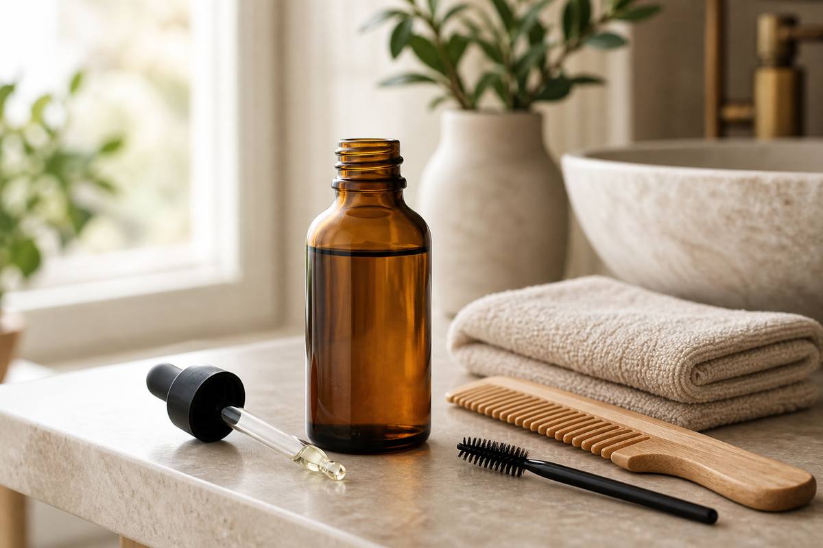 Flacon neutre d’huile de ricin avec peigne et goupillon pour routine cosmétique