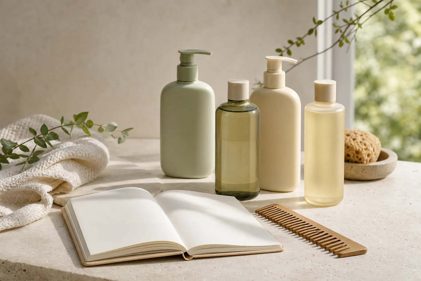 Flacons de shampoing non marqués et carnet de choix sur un plan de travail clair